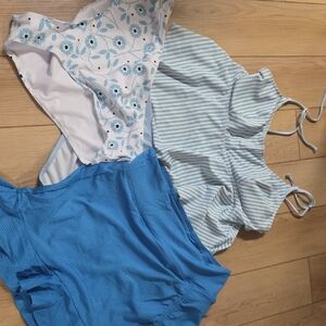 Blue and White Floral and Striped Swimsuit Set